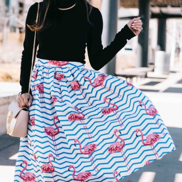 Pink Flamingo Nautical Blue White Stripe High Waisted Full Midi Skirt - Picture 8 of 16